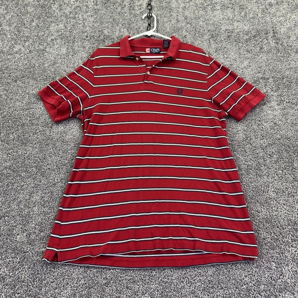 Chaps Polo Shirt Mens Large Red Striped Cotton Knit Crest Logo Casual Summer